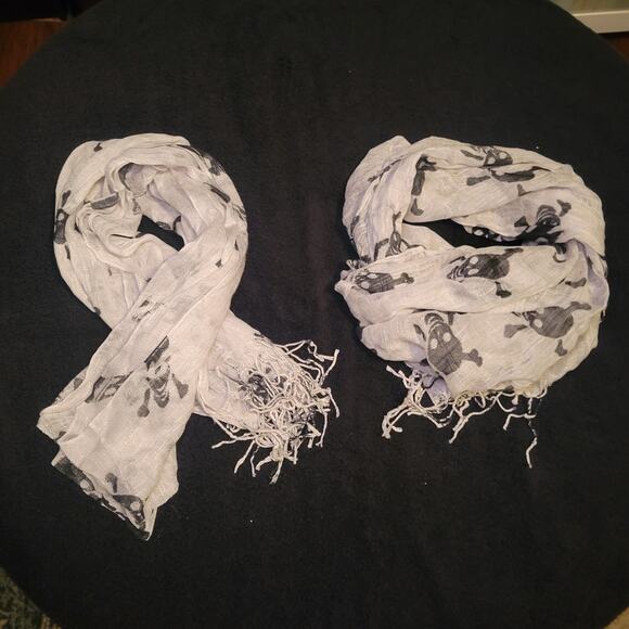 Skull & Bones Fashion 60" Scarves Set of 2 Sheer White & Black Halloween Goth - Picture 1 of 4
